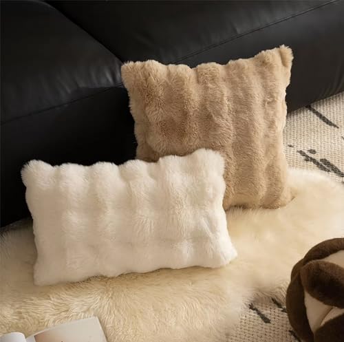 Luxury Faux Fur Decorative Filled Throw Pillow 18" W x 18" L – Ivory Plush Fluffy Cushion for Couch, Bedroom, Living Room and Office Décor