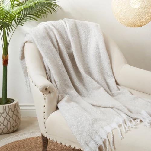 Faux Mohair Herringbone Throw Blanket 50" W x 60" L – Natural Cozy Fringe Blanket for Home, Couch, Bedroom, Living Room, Office, and Holiday Décor