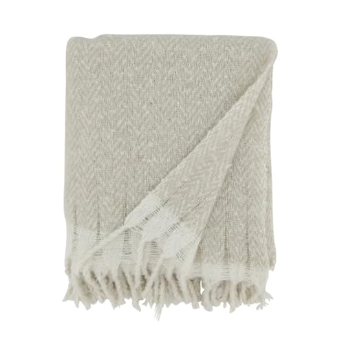 Faux Mohair Herringbone Throw Blanket 50" W x 60" L – Natural Cozy Fringe Blanket for Home, Couch, Bedroom, Living Room, Office, and Holiday Décor