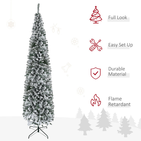 HOMCOM 9' Tall Unlit Snow-Flocked Slim Artificial Christmas Tree