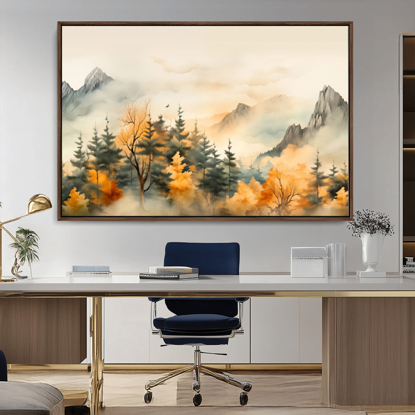 Abstract Watercolor Mountains and Trees Autumn Art,