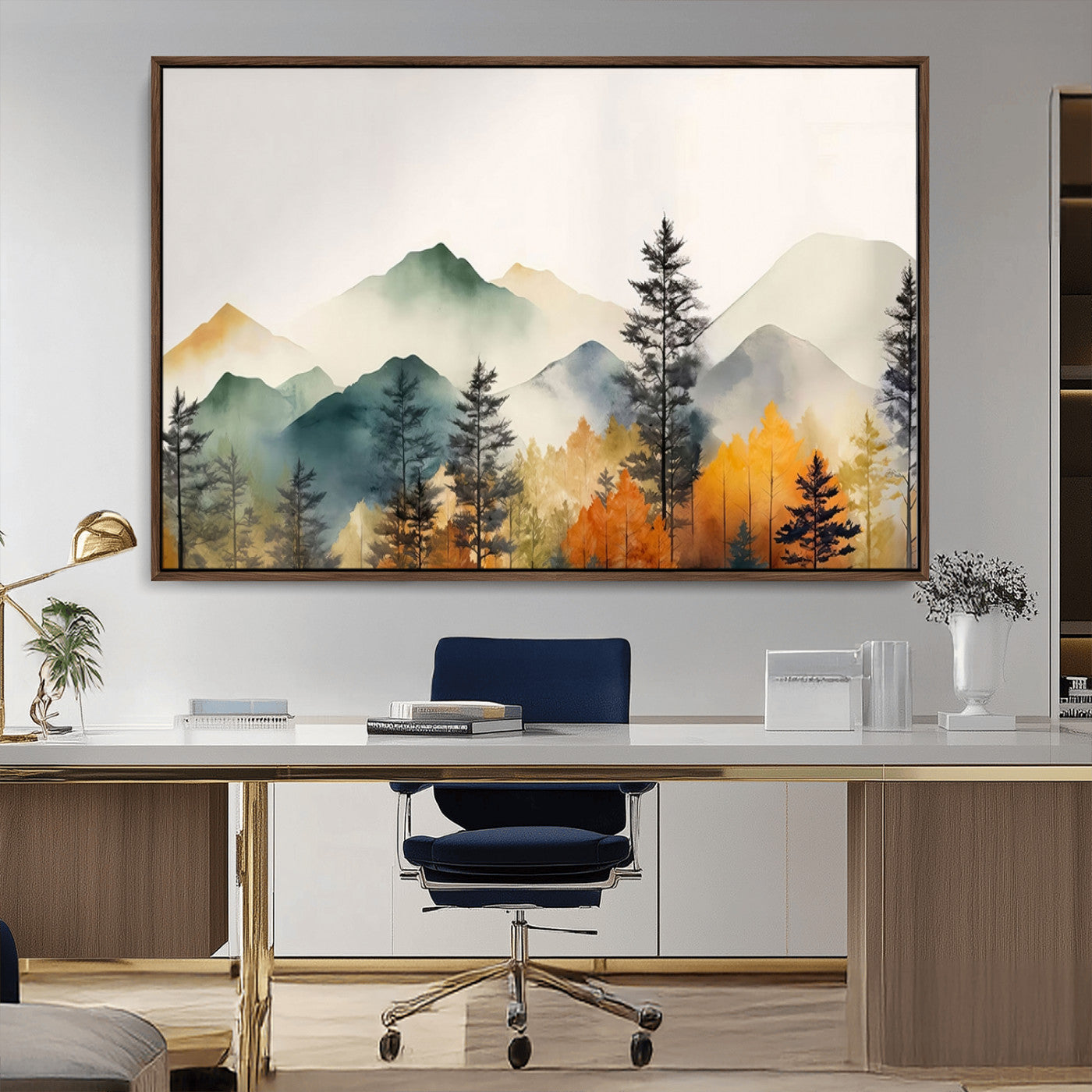 Abstract Watercolor Mountains and Trees Autumn Wall Art,