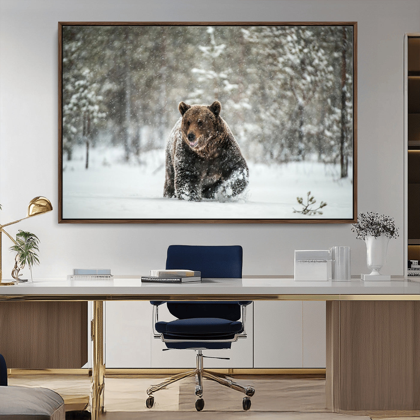 Grizzly Bear Wall Art – Framed Snowy Forest Canvas Artwork,