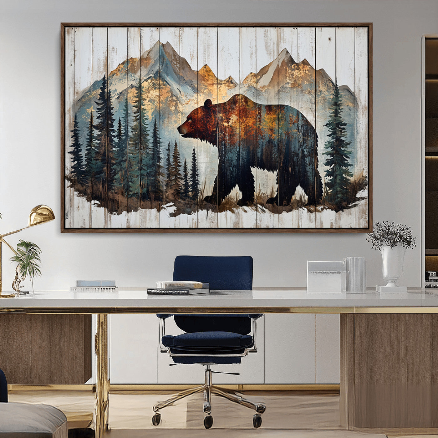 Rustic Grizzly 399 Bear and Mountain Wood Canvas Wall Art -