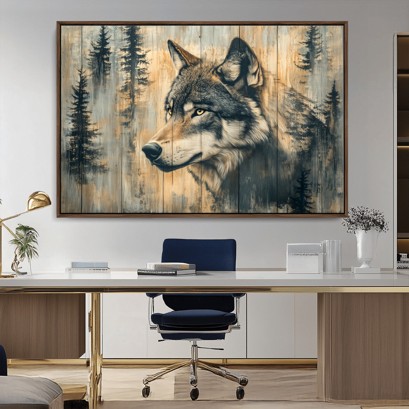Wood Style Rustic Wolf Wall Art Canvas Print, Vintage