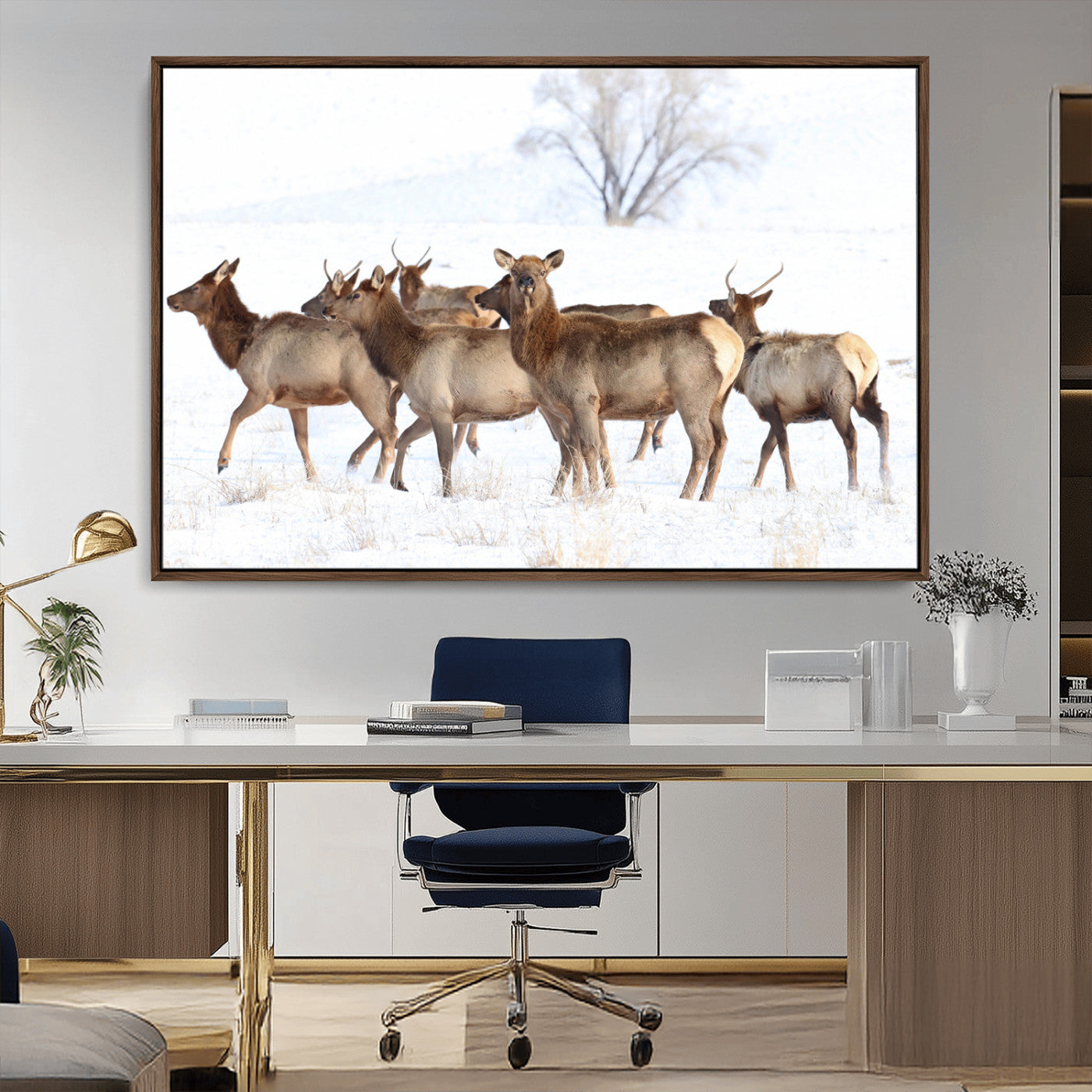 Snowy Elk Herd Wall Art Canvas Print – Majestic Winter