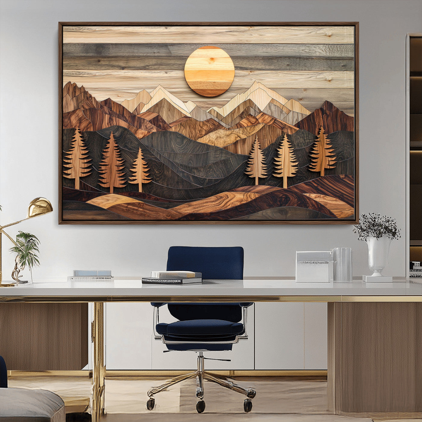 Wooden Mountain Layers Art – Rustic Pine Tree Landscape