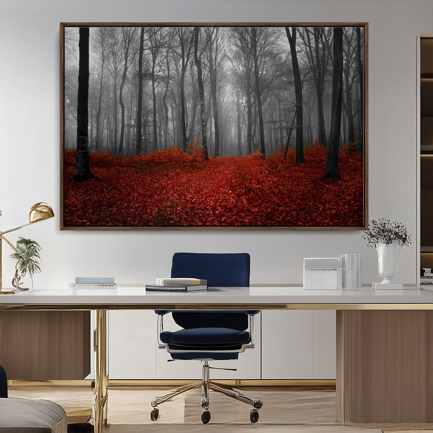 Red Forest Floor Canvas Wall Art – Mystical Foggy Woodland
