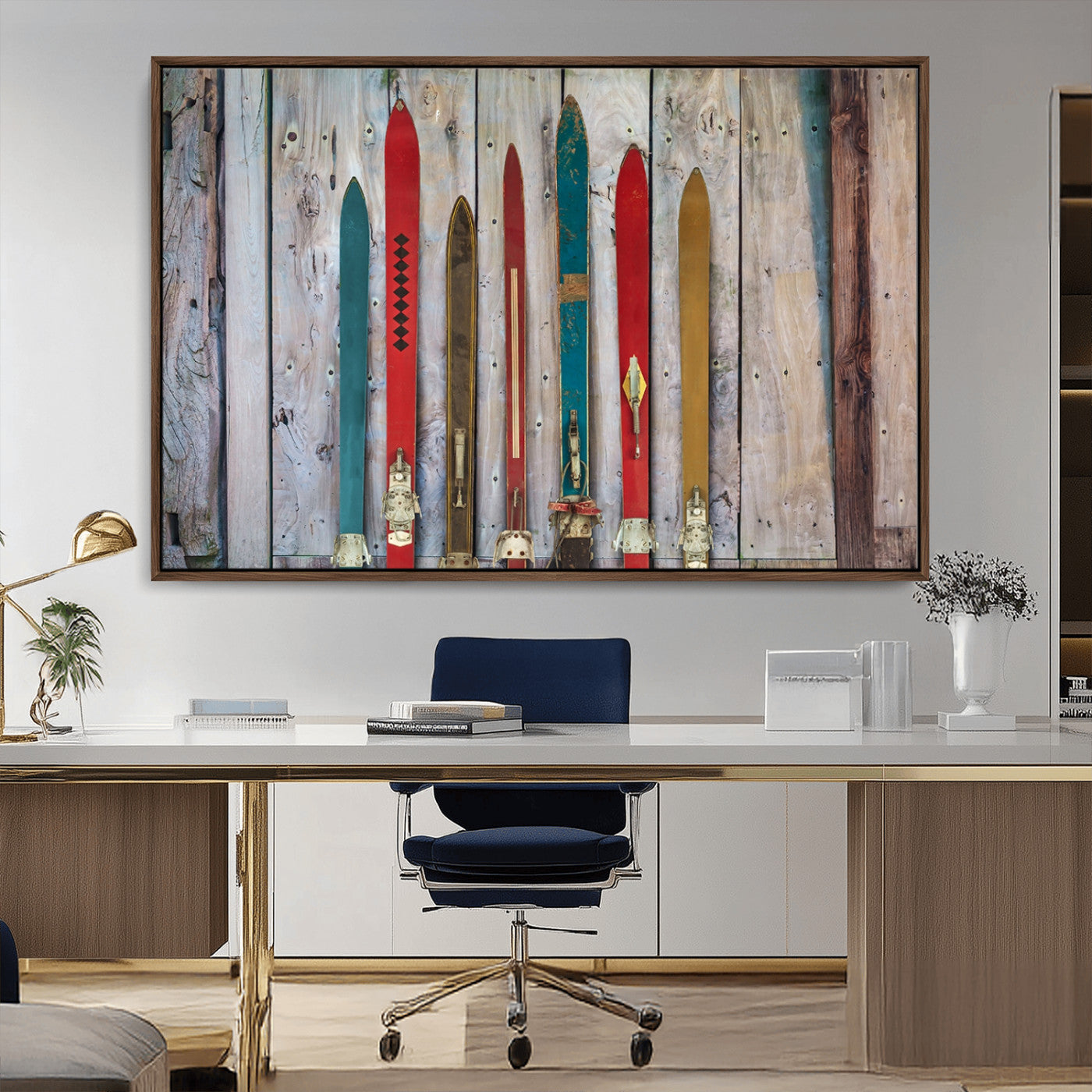 Vintage Wooden Weathered Ski's in Front of an Old Barn Wall