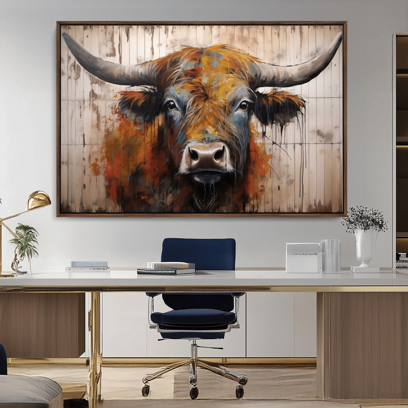Scottish Highland Cow Cattle Art Print on Wood Style