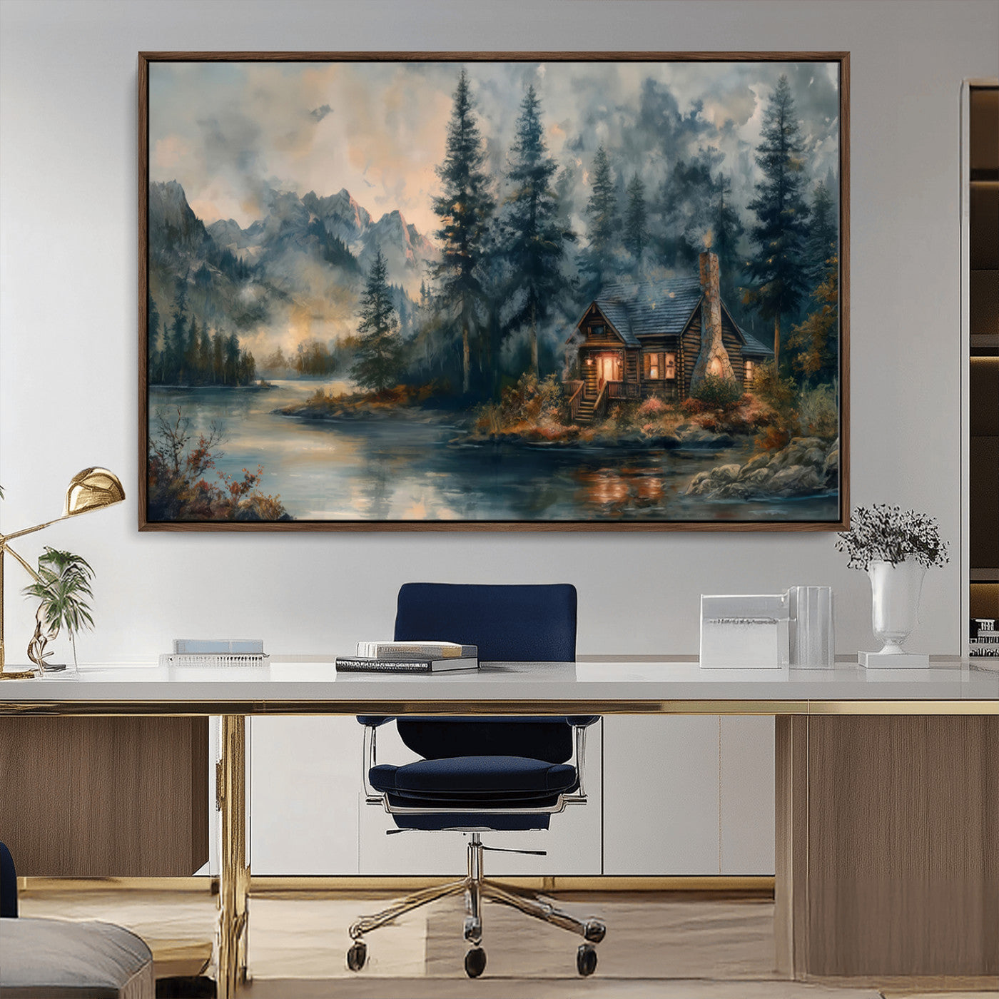 Rustic Cabin Woods Wall Art Print | Lake in a Forest Canvas