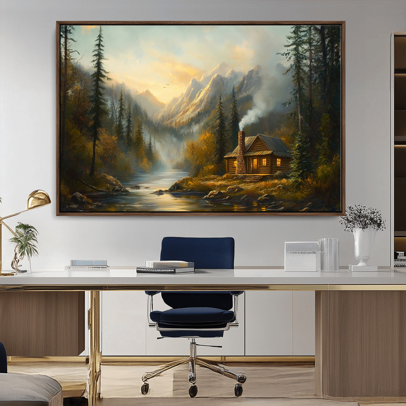 Wood Cabin Retreat Mountain at Sunset Wall Art Print -