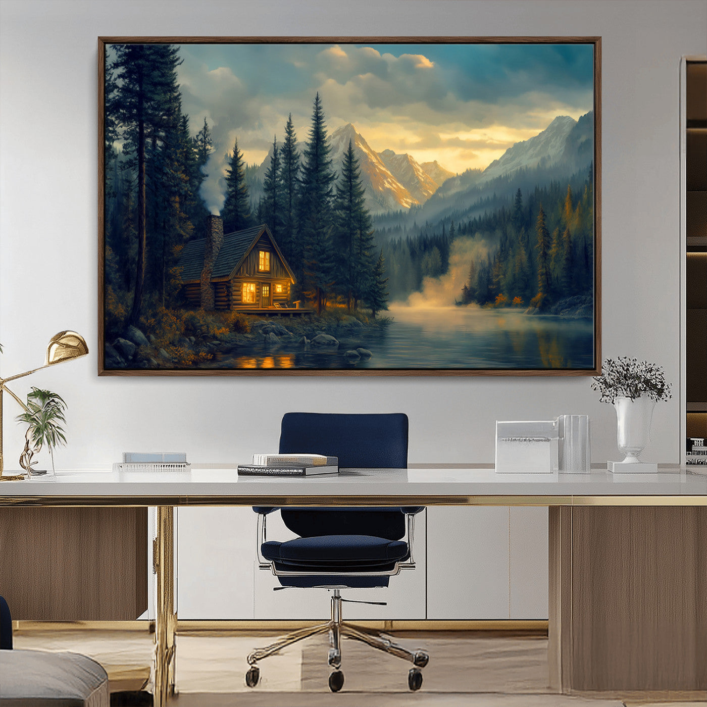 Mountain Cabin by the Lake at Sunset Wall Art - Serene