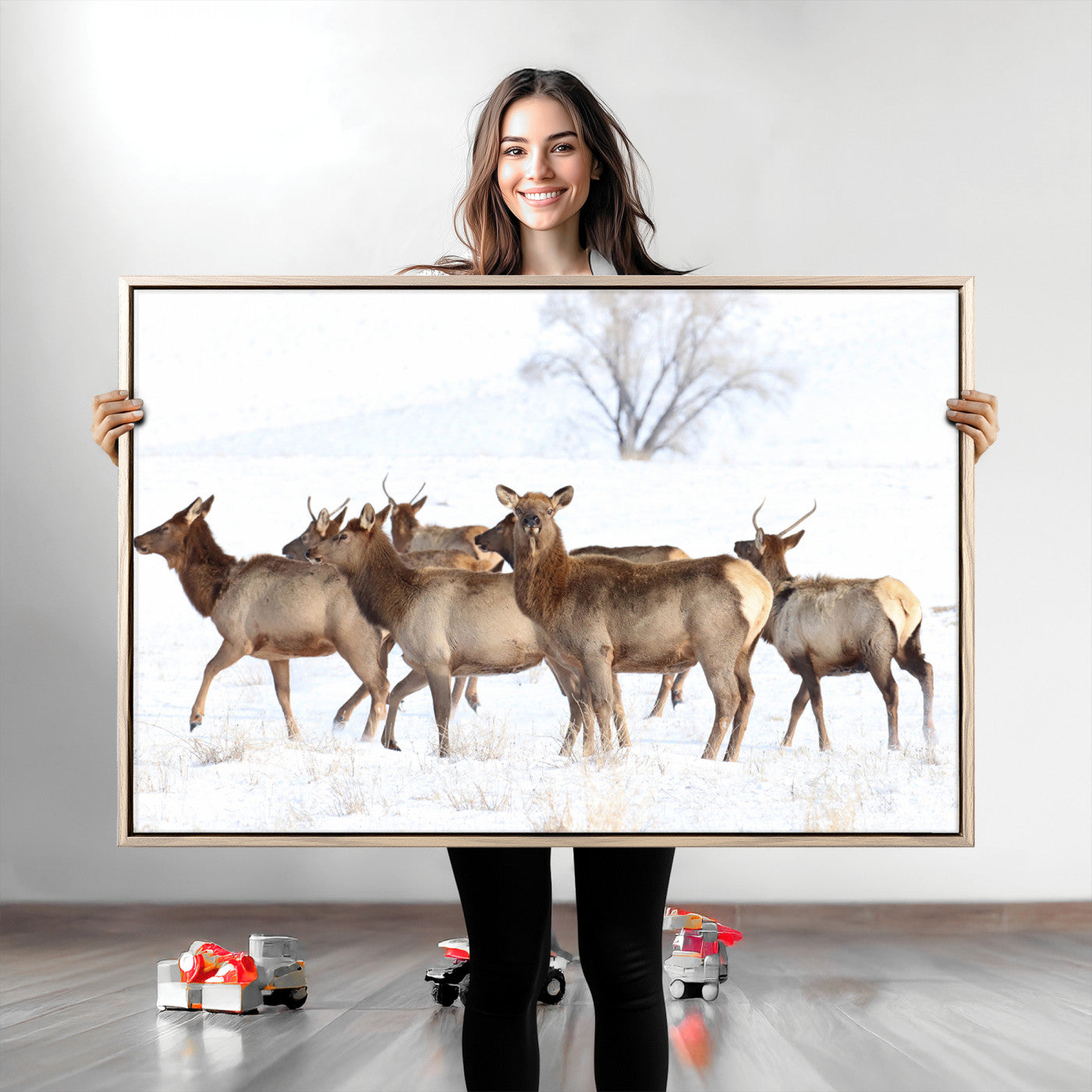 Snowy Elk Herd Wall Art Canvas Print – Majestic Winter