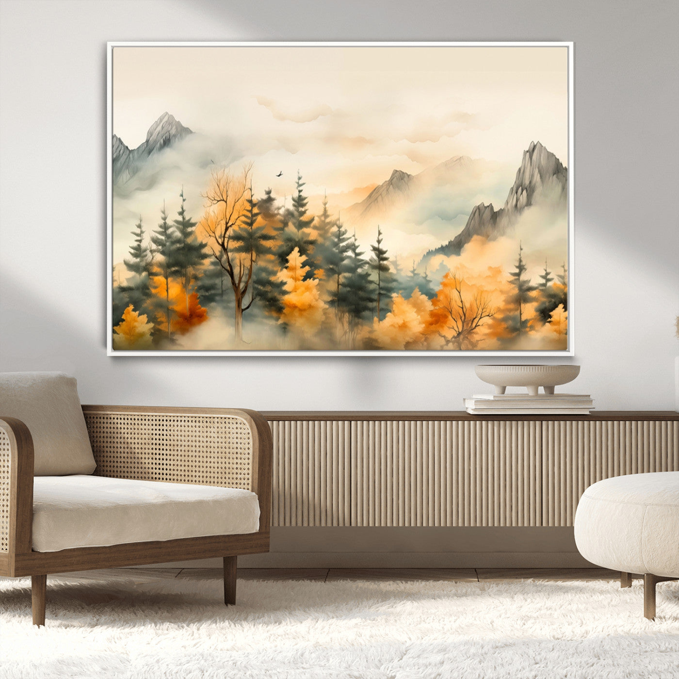 Abstract Watercolor Mountains and Trees Autumn Art,