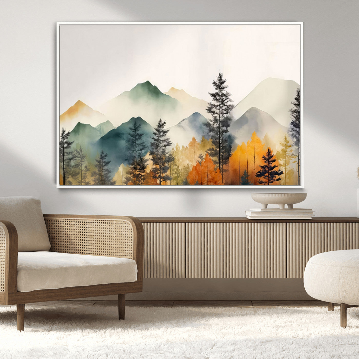 Abstract Watercolor Mountains and Trees Autumn Wall Art,