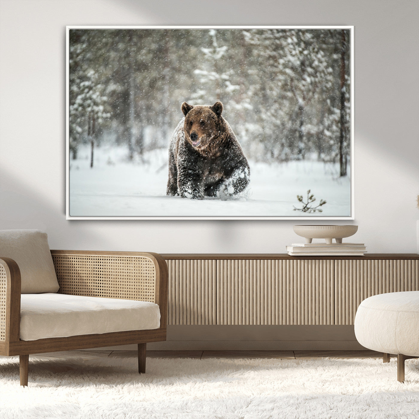 Grizzly Bear Wall Art – Framed Snowy Forest Canvas Artwork,