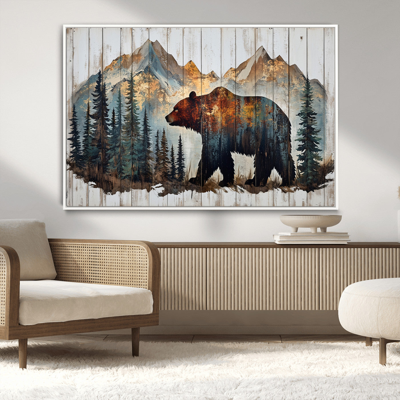 Rustic Grizzly 399 Bear and Mountain Wood Canvas Wall Art -