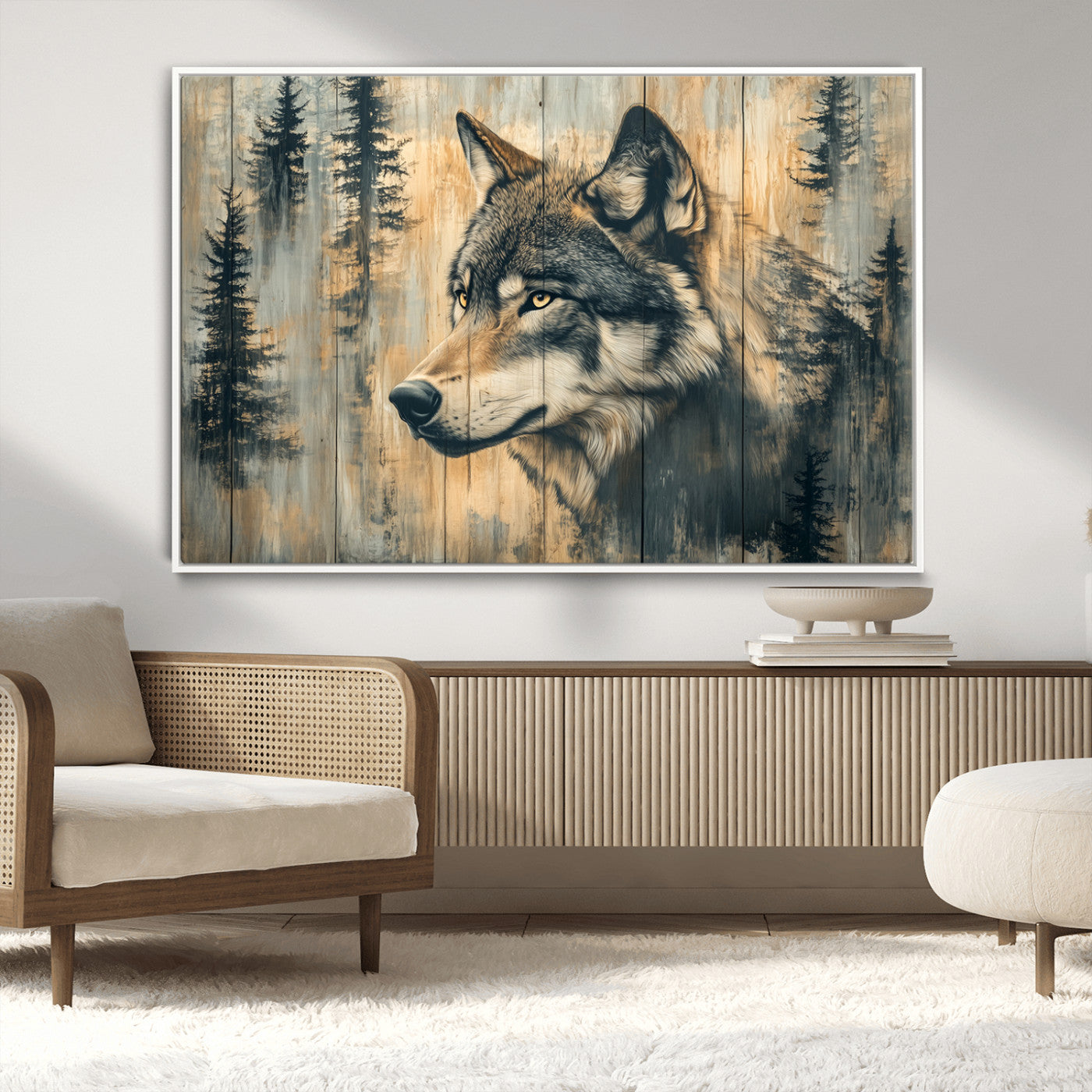 Wood Style Rustic Wolf Wall Art Canvas Print, Vintage