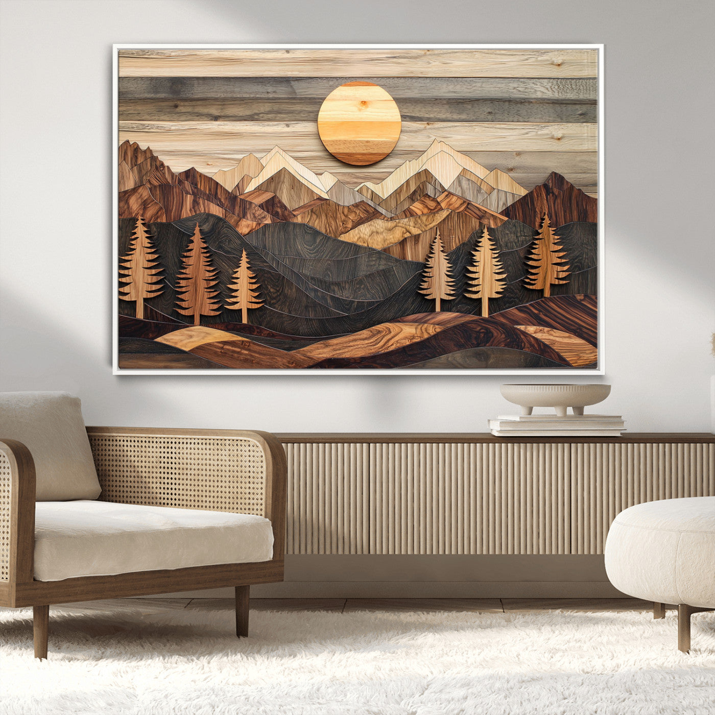 Wooden Mountain Layers Art – Rustic Pine Tree Landscape