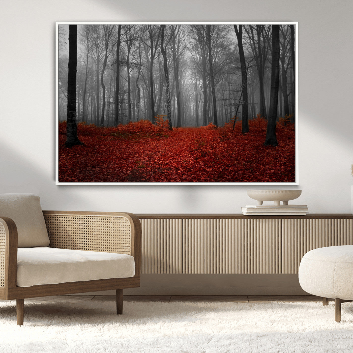 Red Forest Floor Canvas Wall Art – Mystical Foggy Woodland