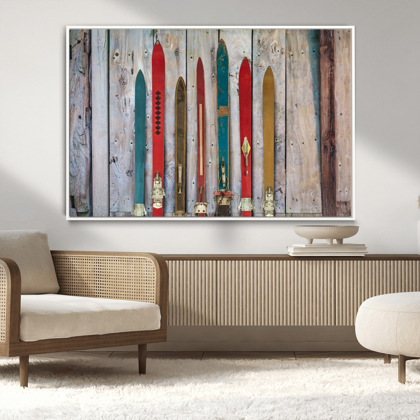 Vintage Wooden Weathered Ski's in Front of an Old Barn Wall