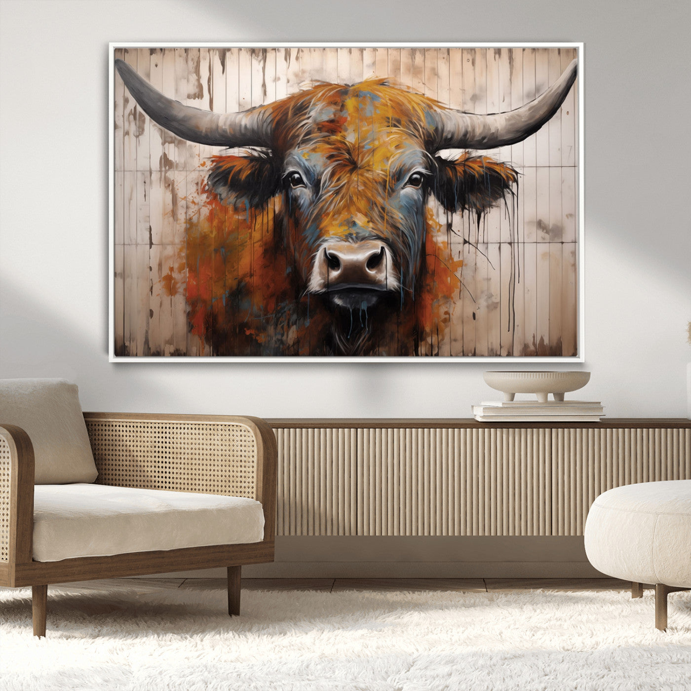 Scottish Highland Cow Cattle Art Print on Wood Style