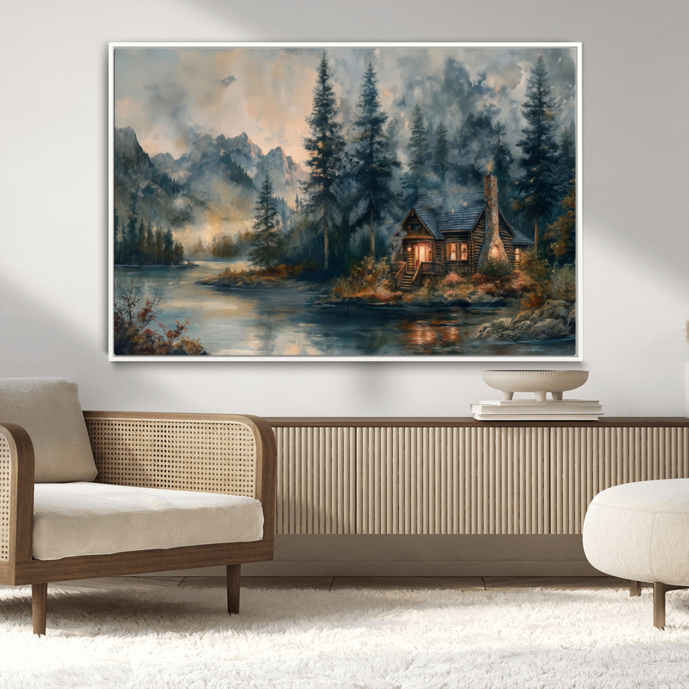 Rustic Cabin Woods Wall Art Print | Lake in a Forest Canvas