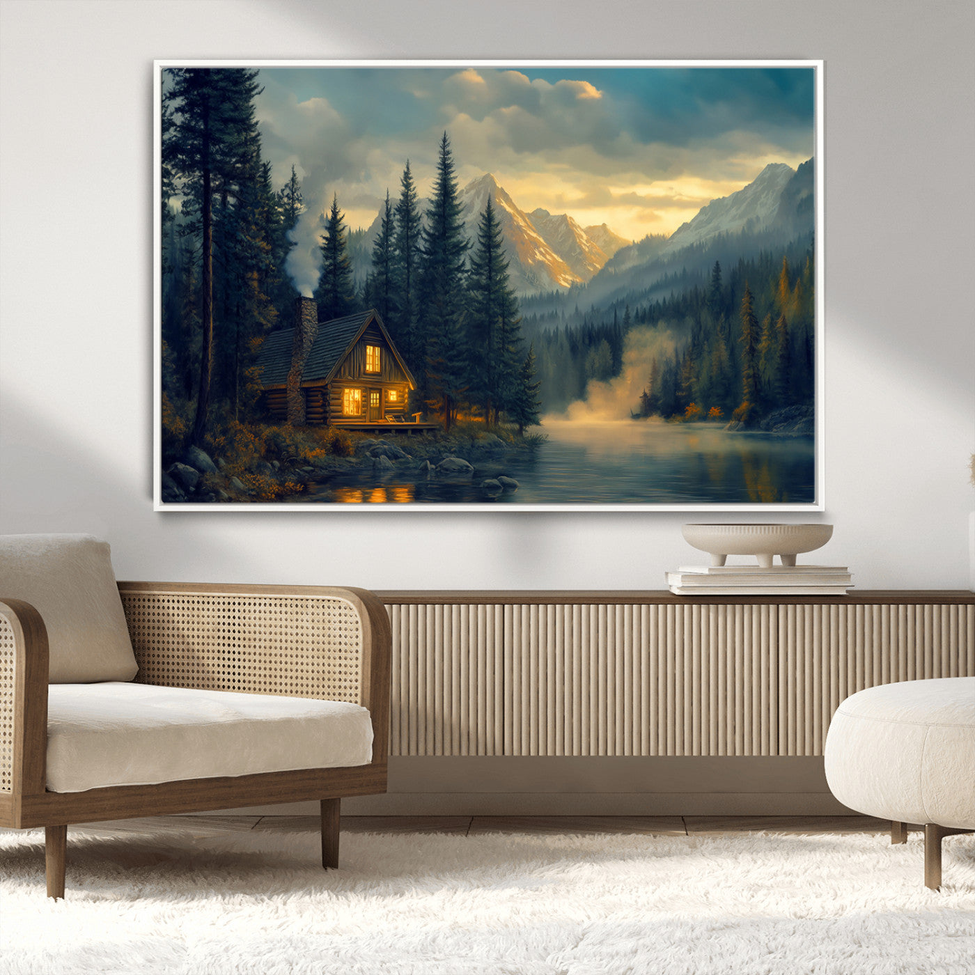 Mountain Cabin by the Lake at Sunset Wall Art - Serene