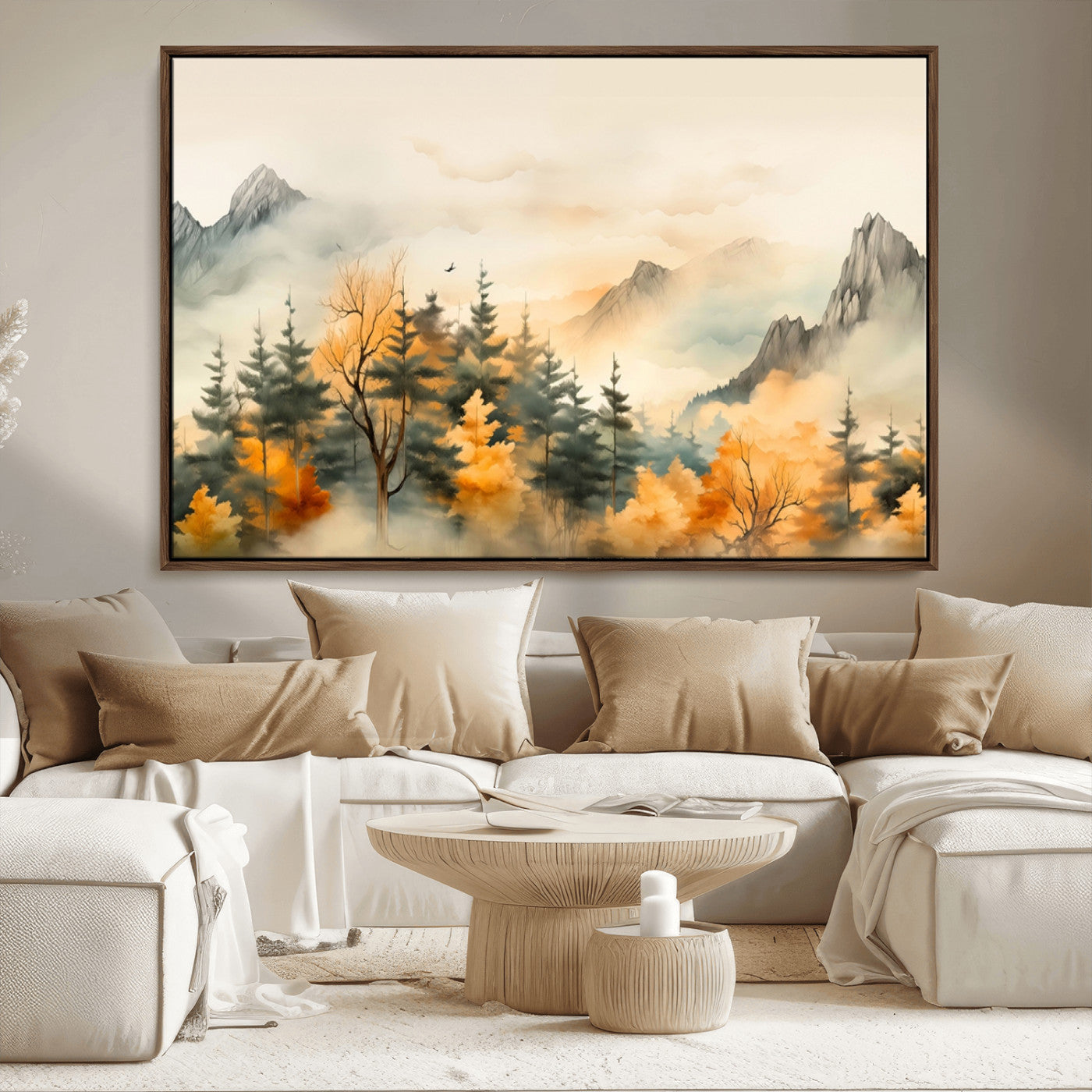 Abstract Watercolor Mountains and Trees Autumn Art,