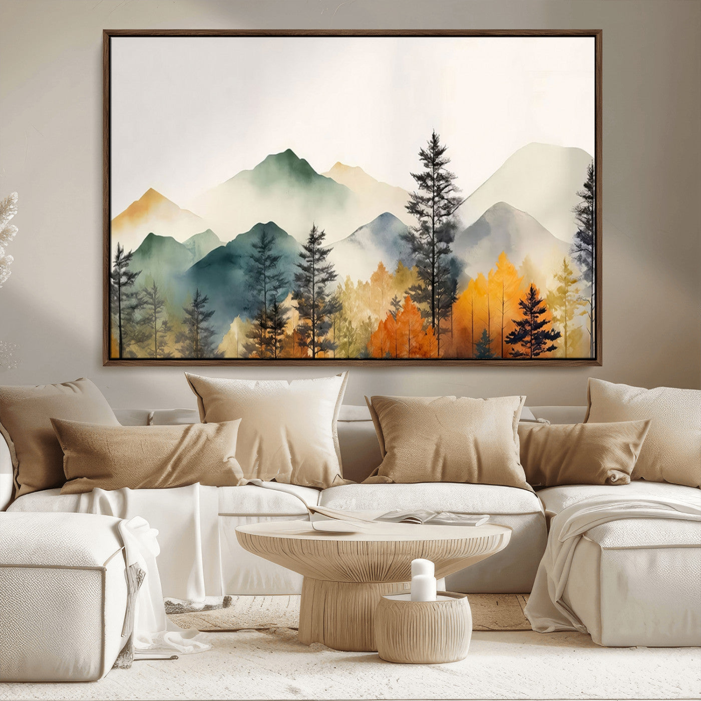 Abstract Watercolor Mountains and Trees Autumn Wall Art,