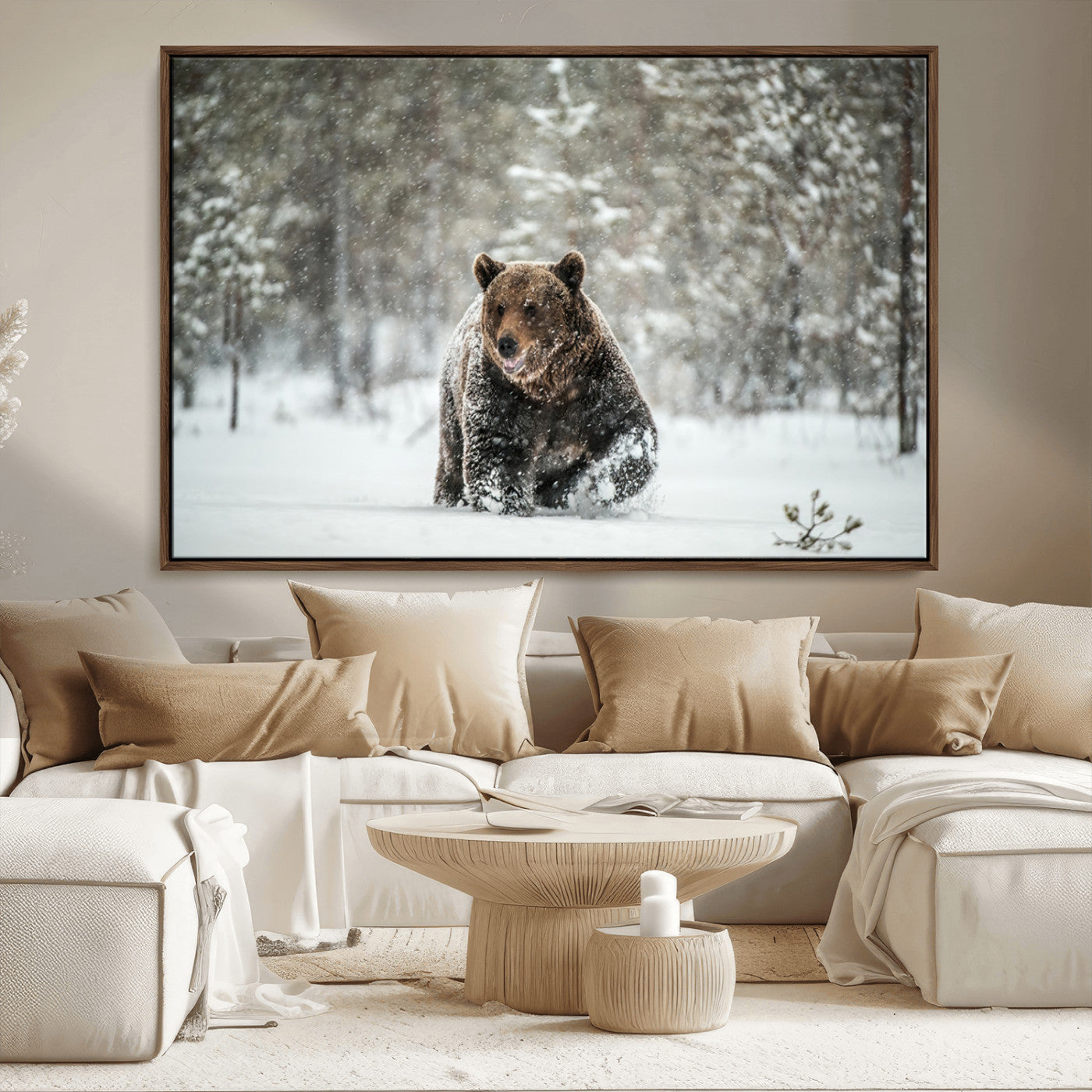 Grizzly Bear Wall Art – Framed Snowy Forest Canvas Artwork,
