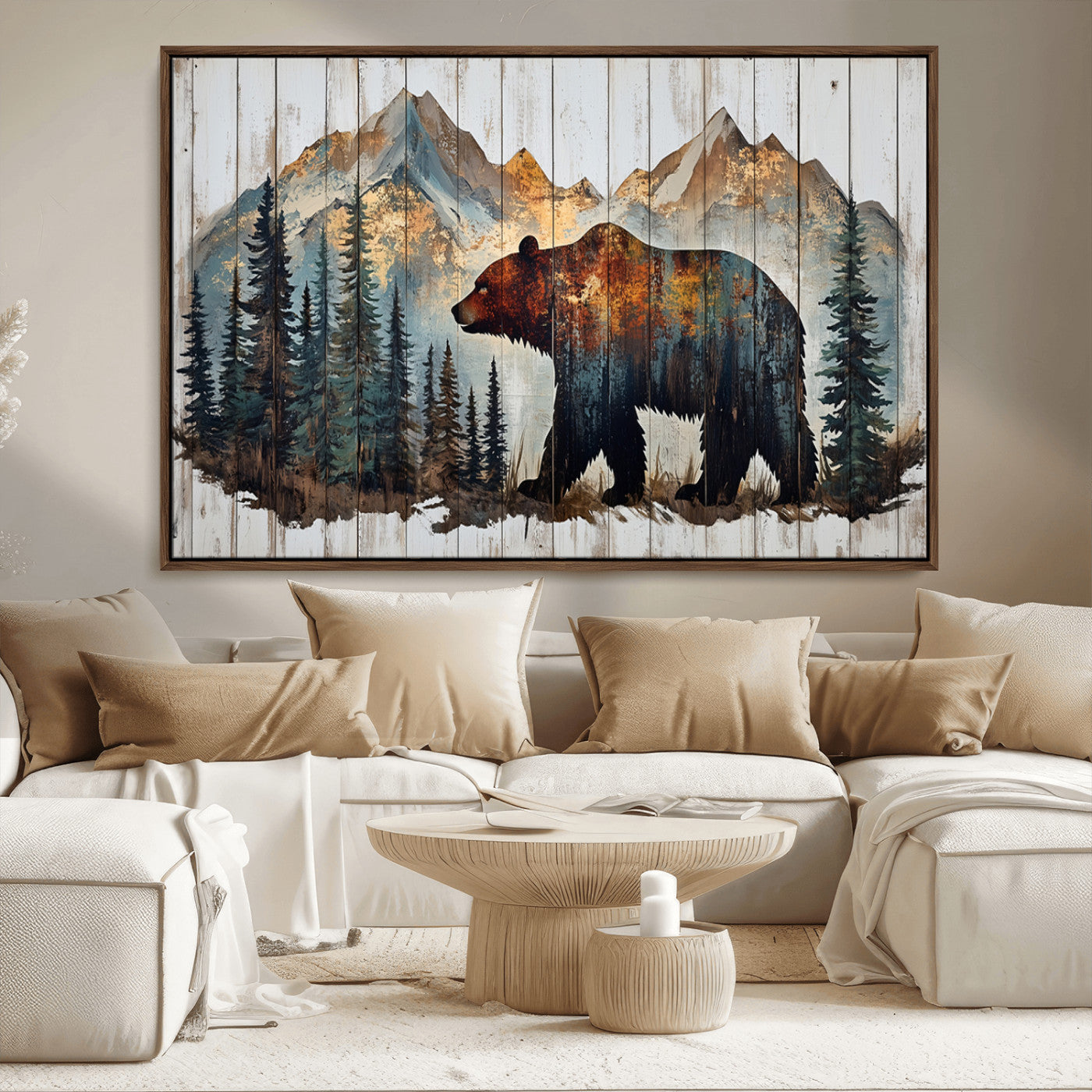 Rustic Grizzly 399 Bear and Mountain Wood Canvas Wall Art -