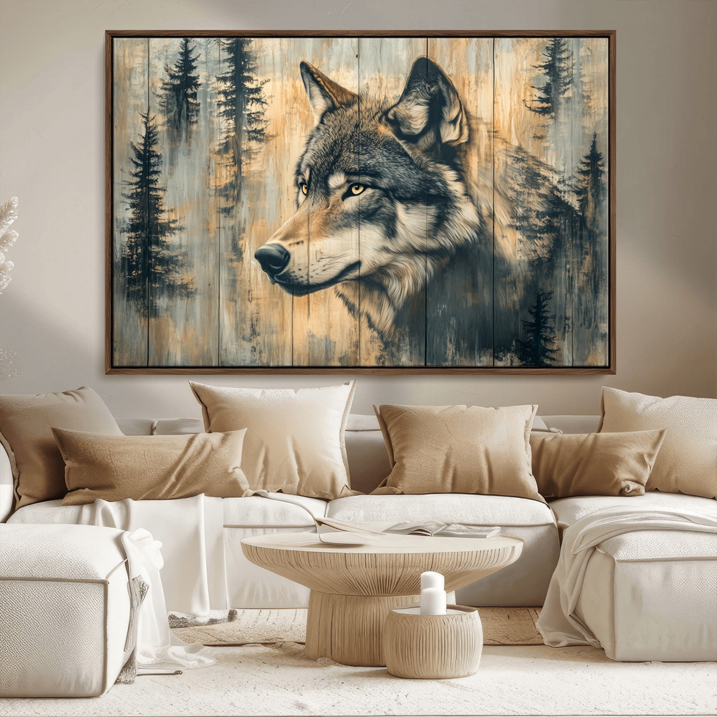Wood Style Rustic Wolf Wall Art Canvas Print, Vintage