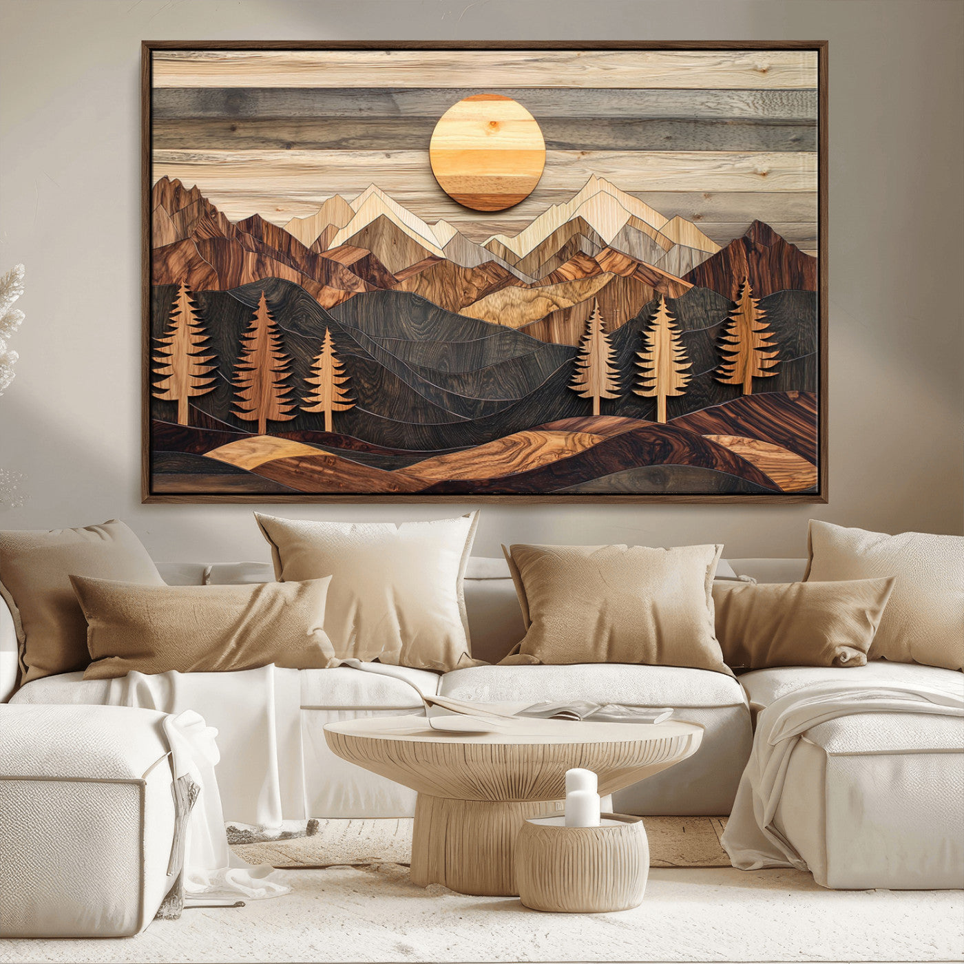 Wooden Mountain Layers Art – Rustic Pine Tree Landscape