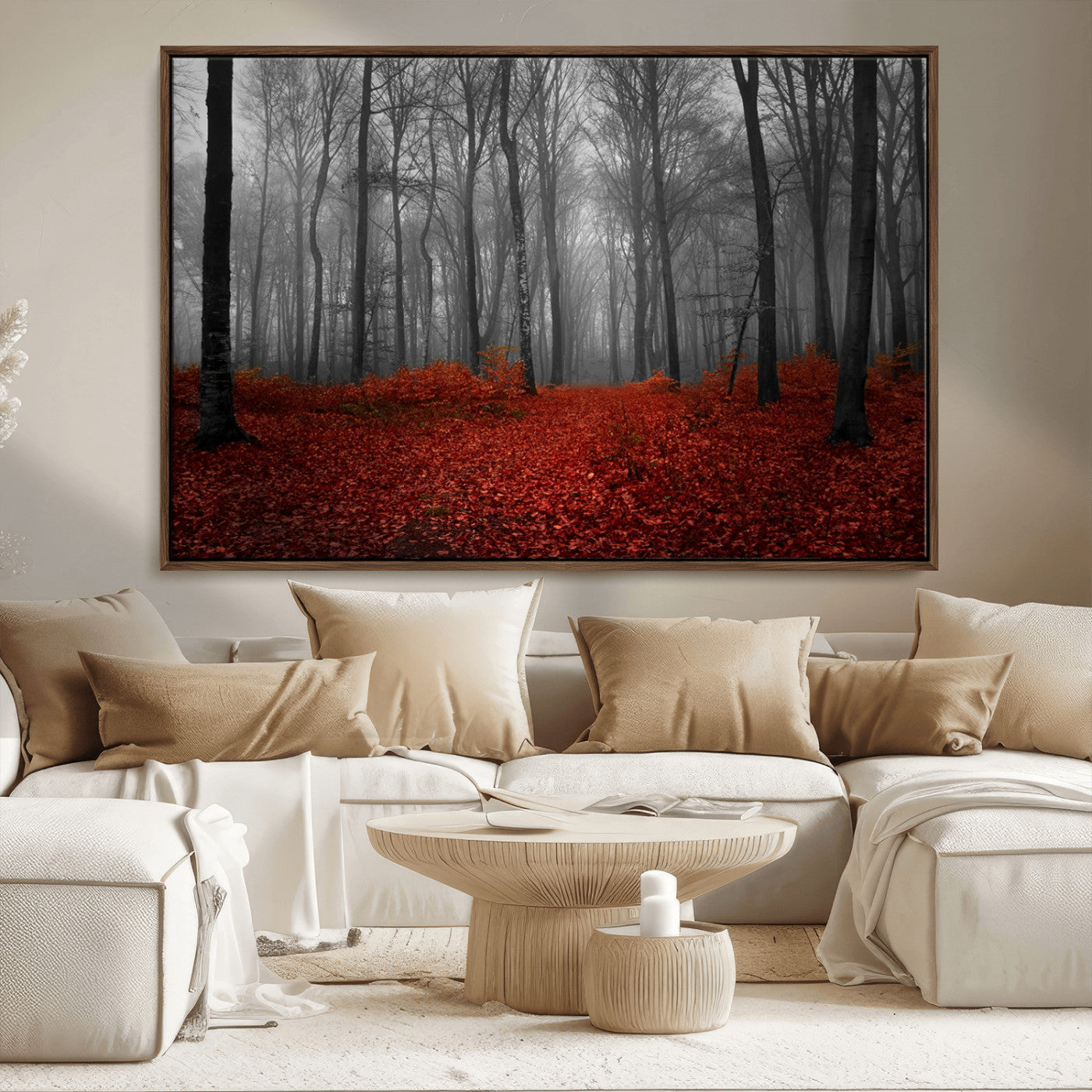 Red Forest Floor Canvas Wall Art – Mystical Foggy Woodland