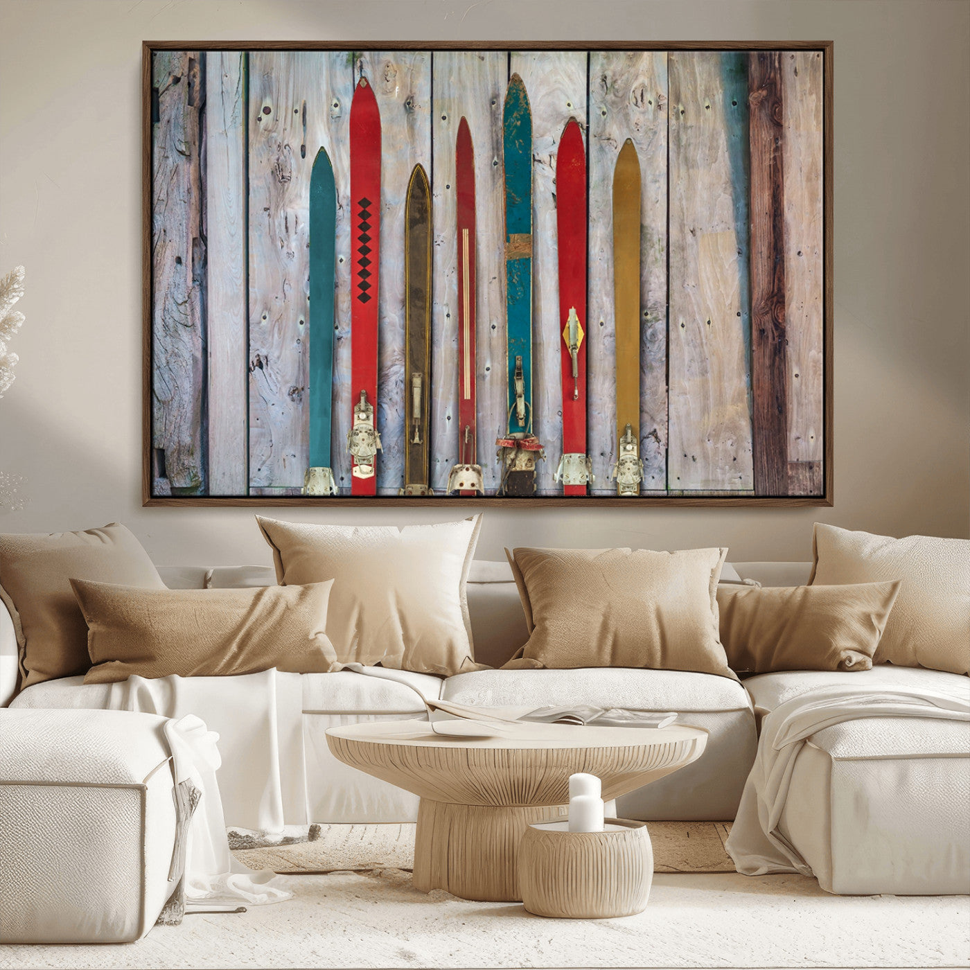 Vintage Wooden Weathered Ski's in Front of an Old Barn Wall