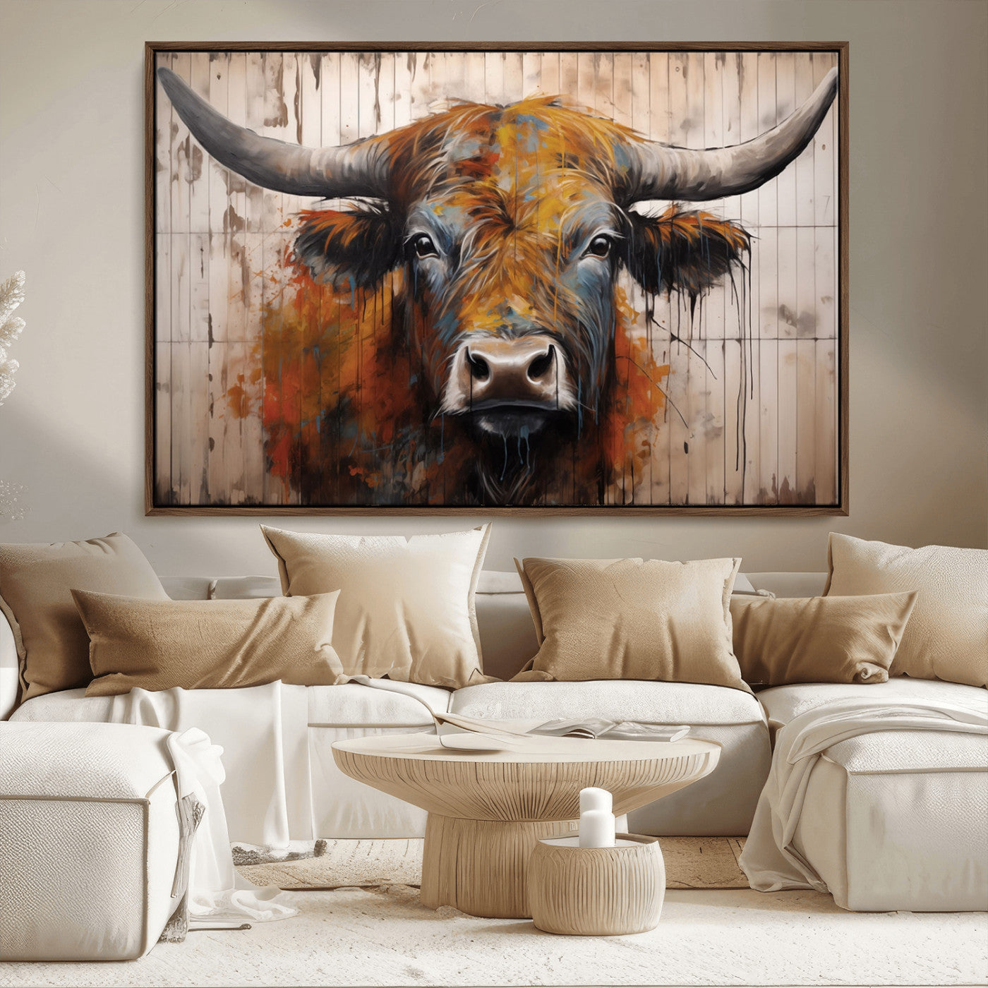 Scottish Highland Cow Cattle Art Print on Wood Style
