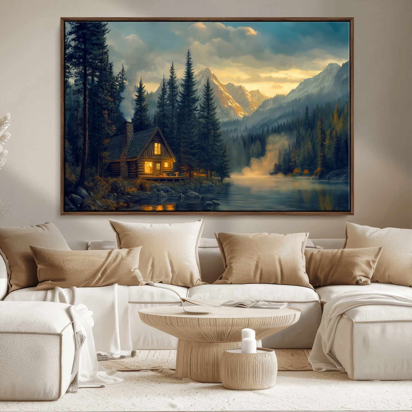 Mountain Cabin by the Lake at Sunset Wall Art - Serene