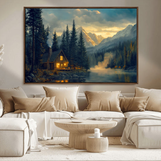Mountain Cabin by the Lake at Sunset Wall Art - Serene