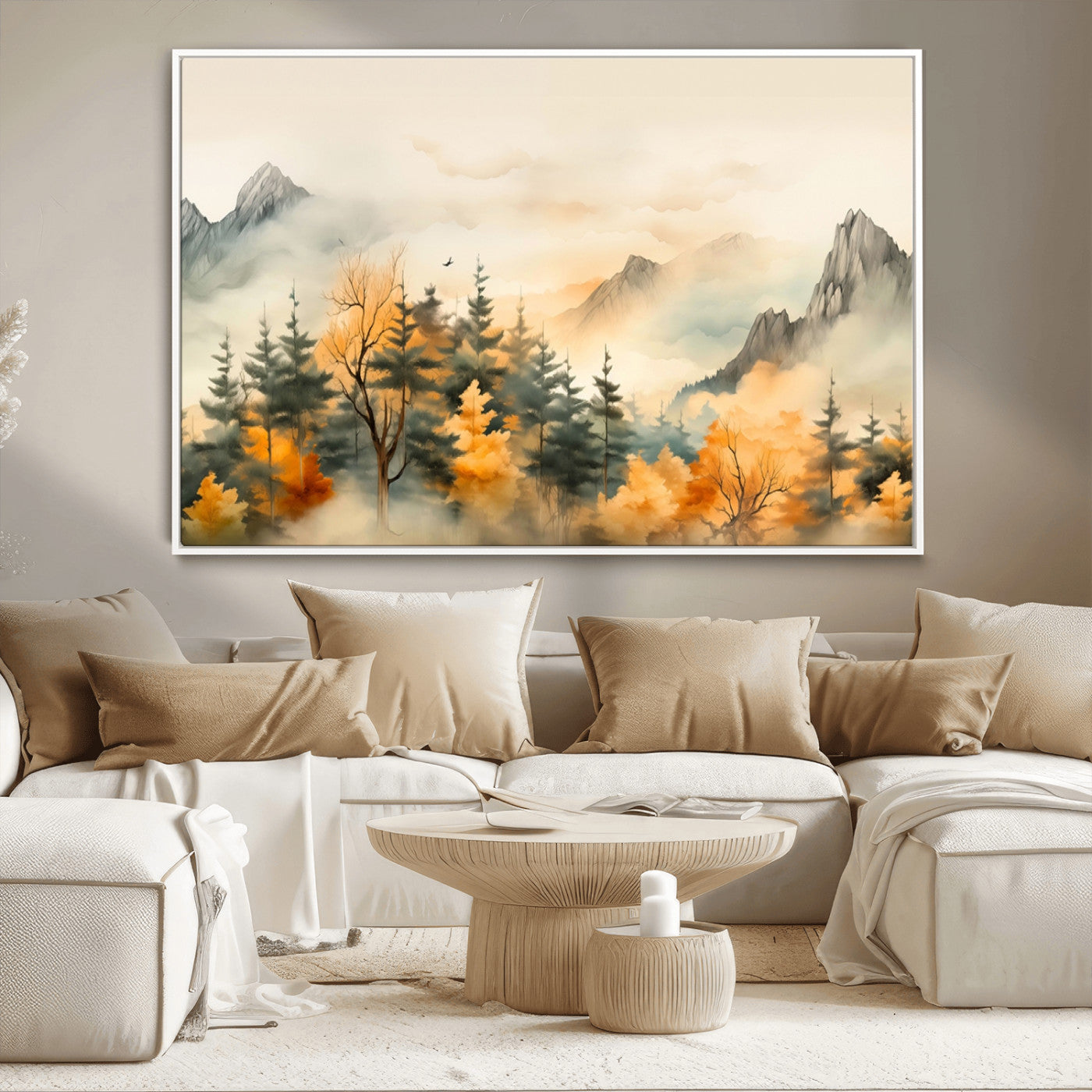 Abstract Watercolor Mountains and Trees Autumn Art,