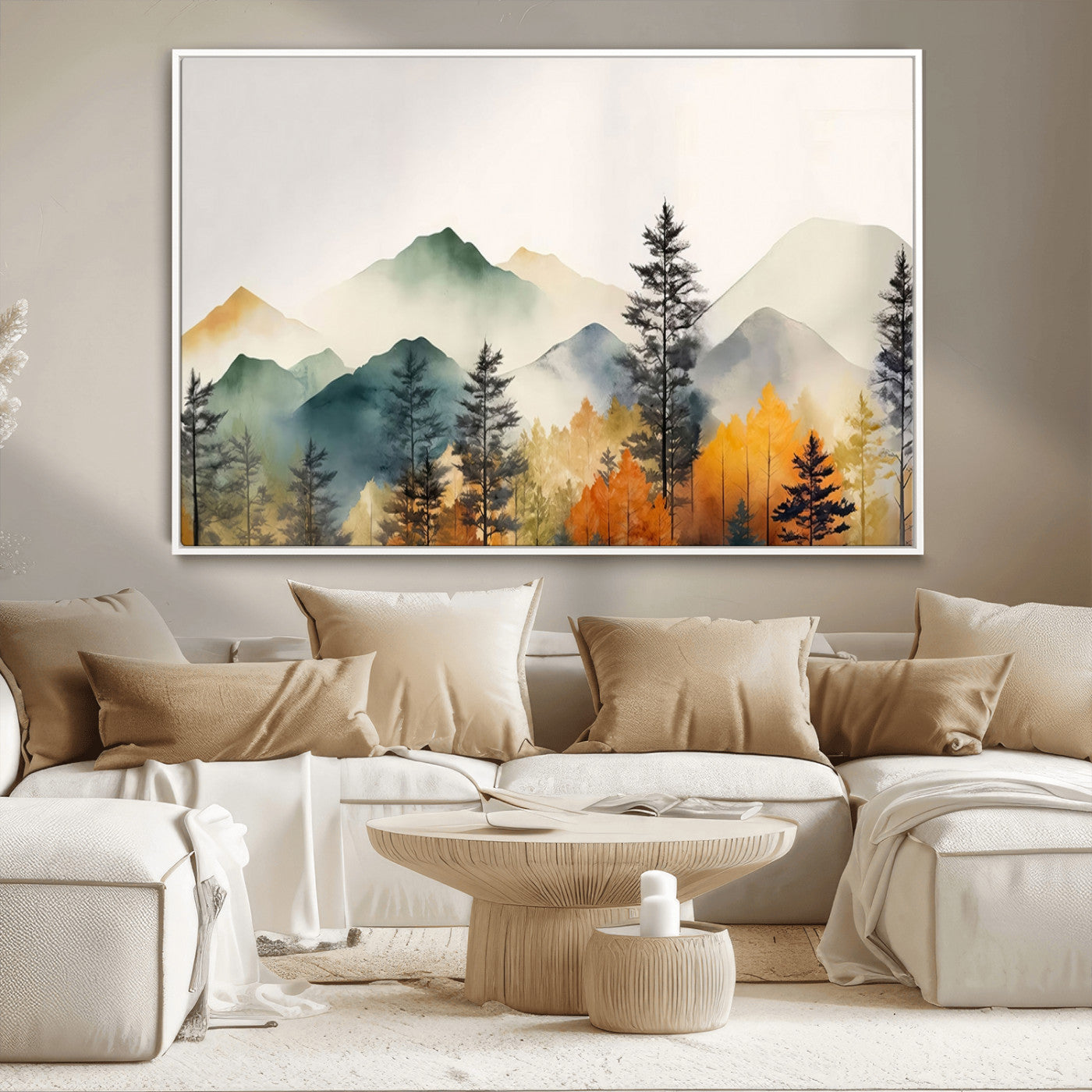 Abstract Watercolor Mountains and Trees Autumn Wall Art,