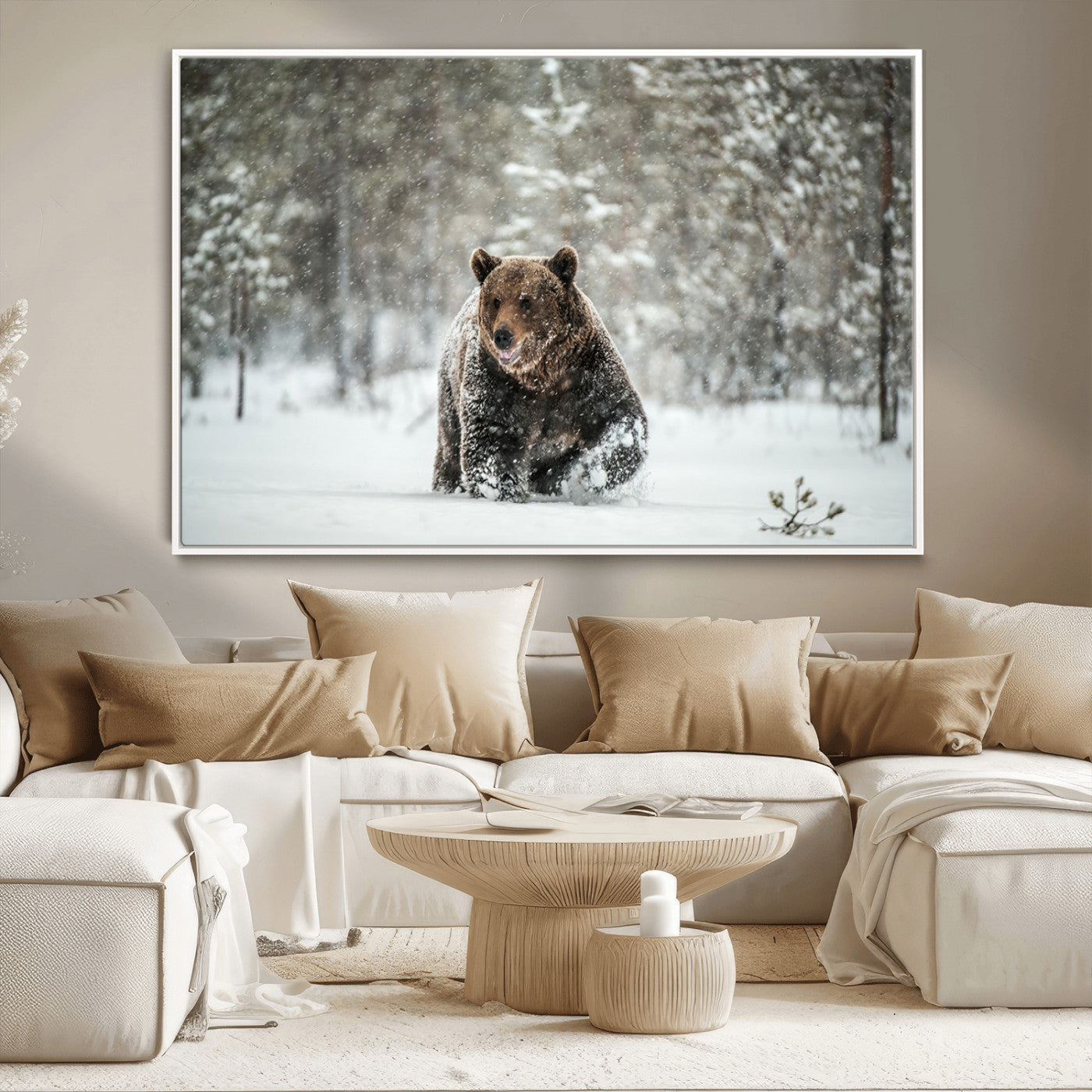 Grizzly Bear Wall Art – Framed Snowy Forest Canvas Artwork,