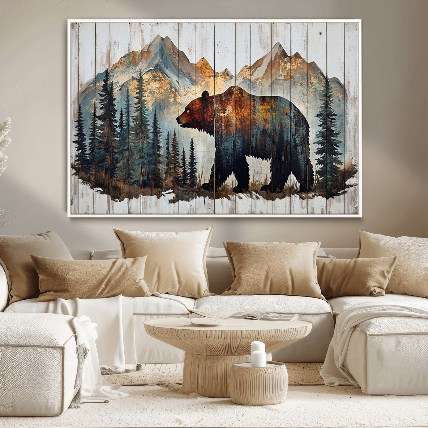 Rustic Grizzly 399 Bear and Mountain Wood Canvas Wall Art -