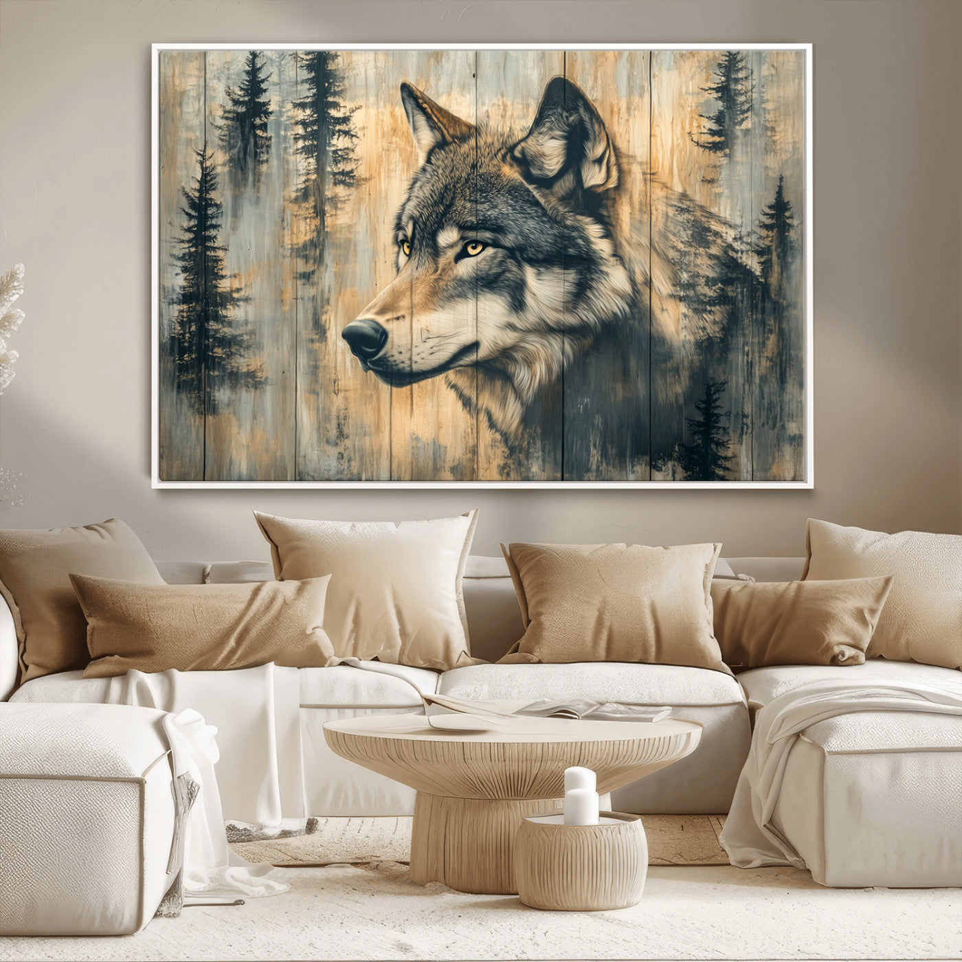 Wood Style Rustic Wolf Wall Art Canvas Print, Vintage