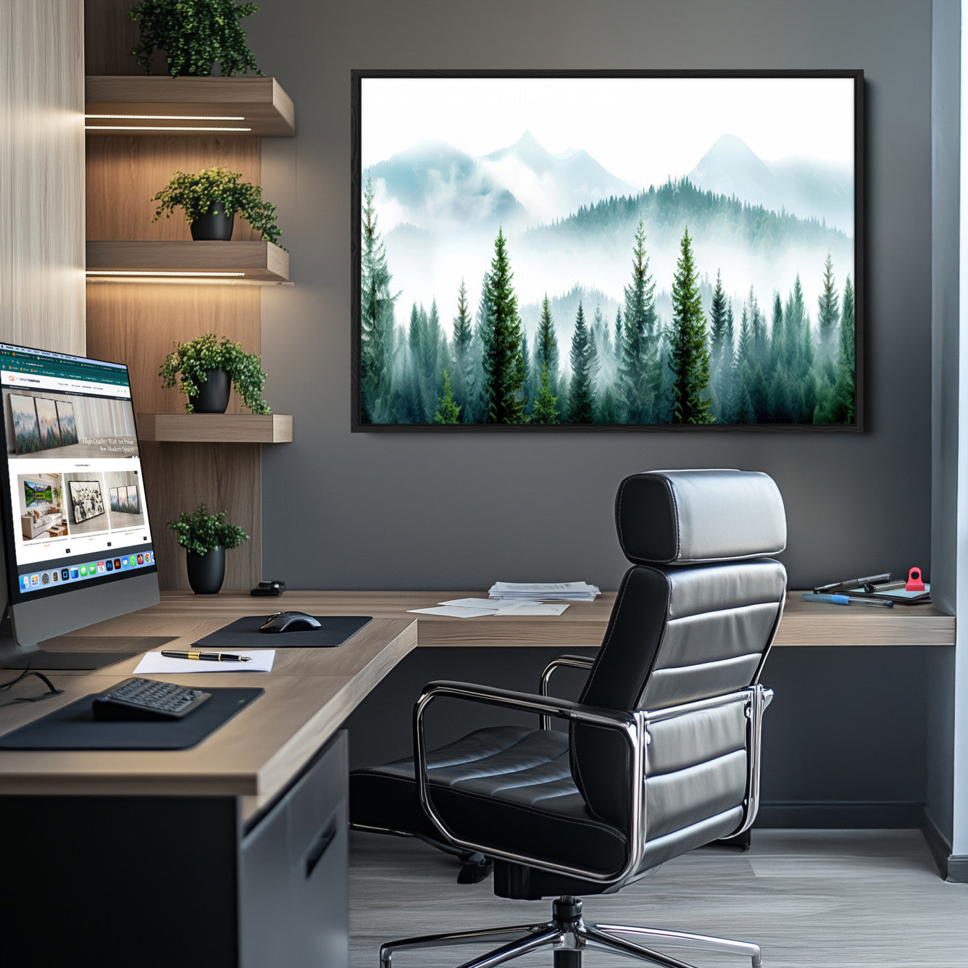 Pine Forest Wall Art Canvas Print – Misty Mountains Foggy