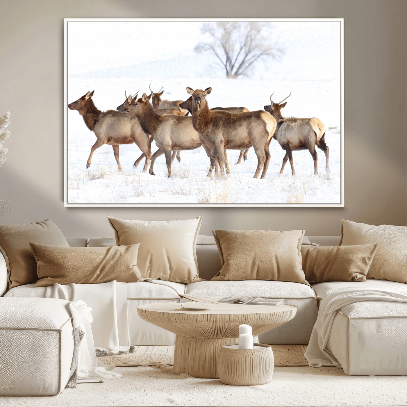 Snowy Elk Herd Wall Art Canvas Print – Majestic Winter
