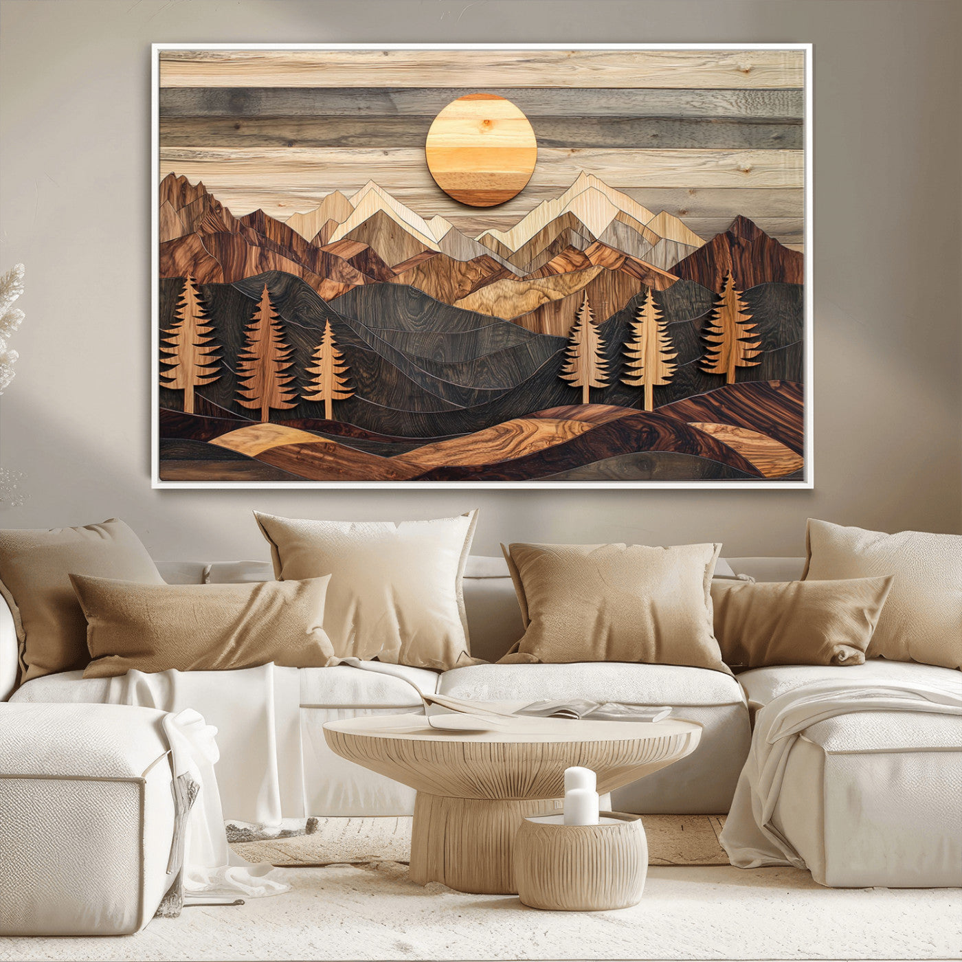 Wooden Mountain Layers Art – Rustic Pine Tree Landscape