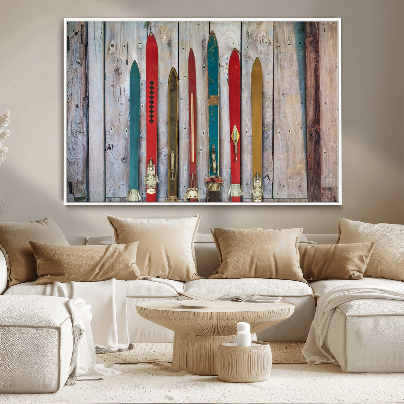 Vintage Wooden Weathered Ski's in Front of an Old Barn Wall