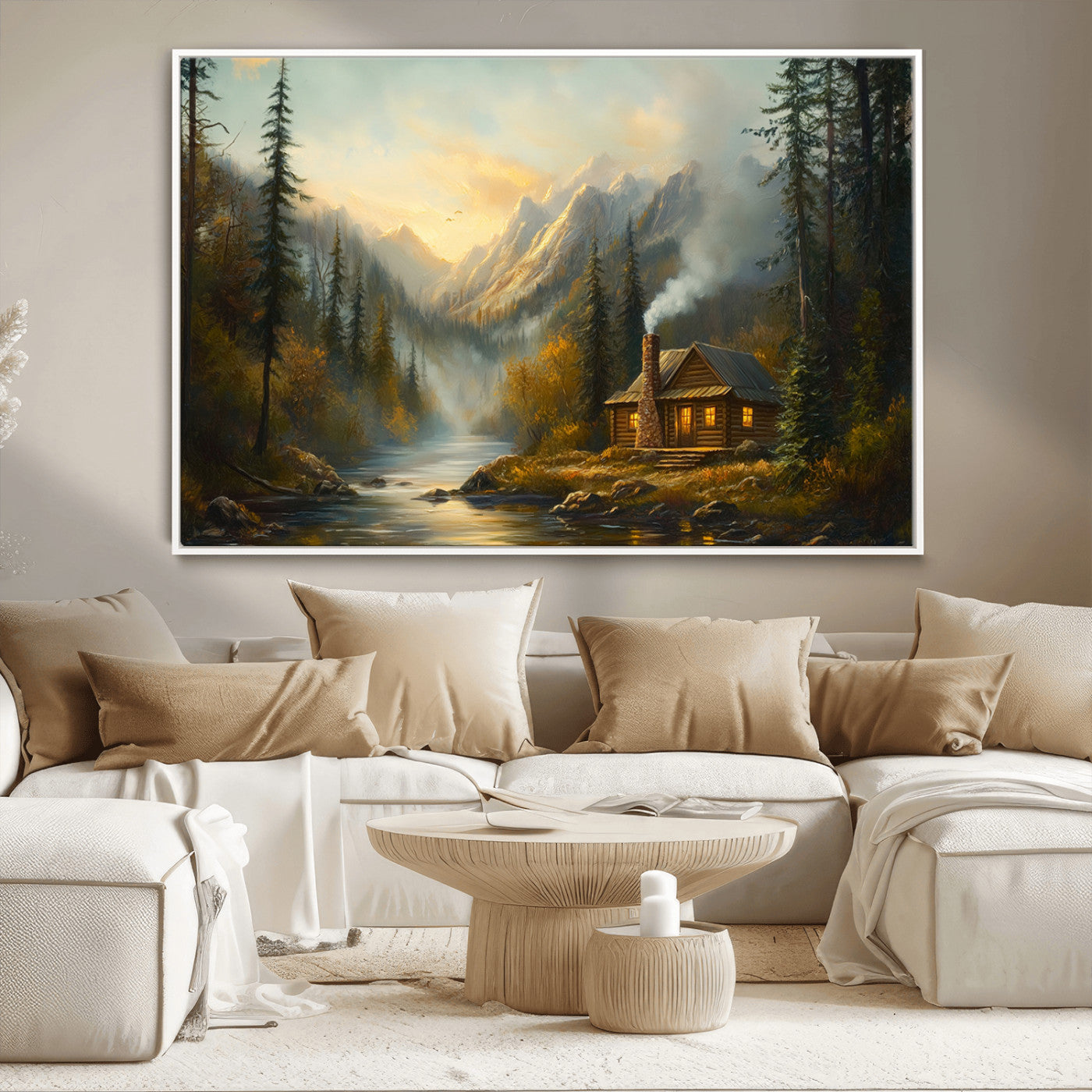 Wood Cabin Retreat Mountain at Sunset Wall Art Print -